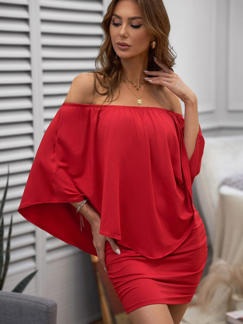 Fiery Red Layered Mini Poncho Dress with Versatile Dressing Options