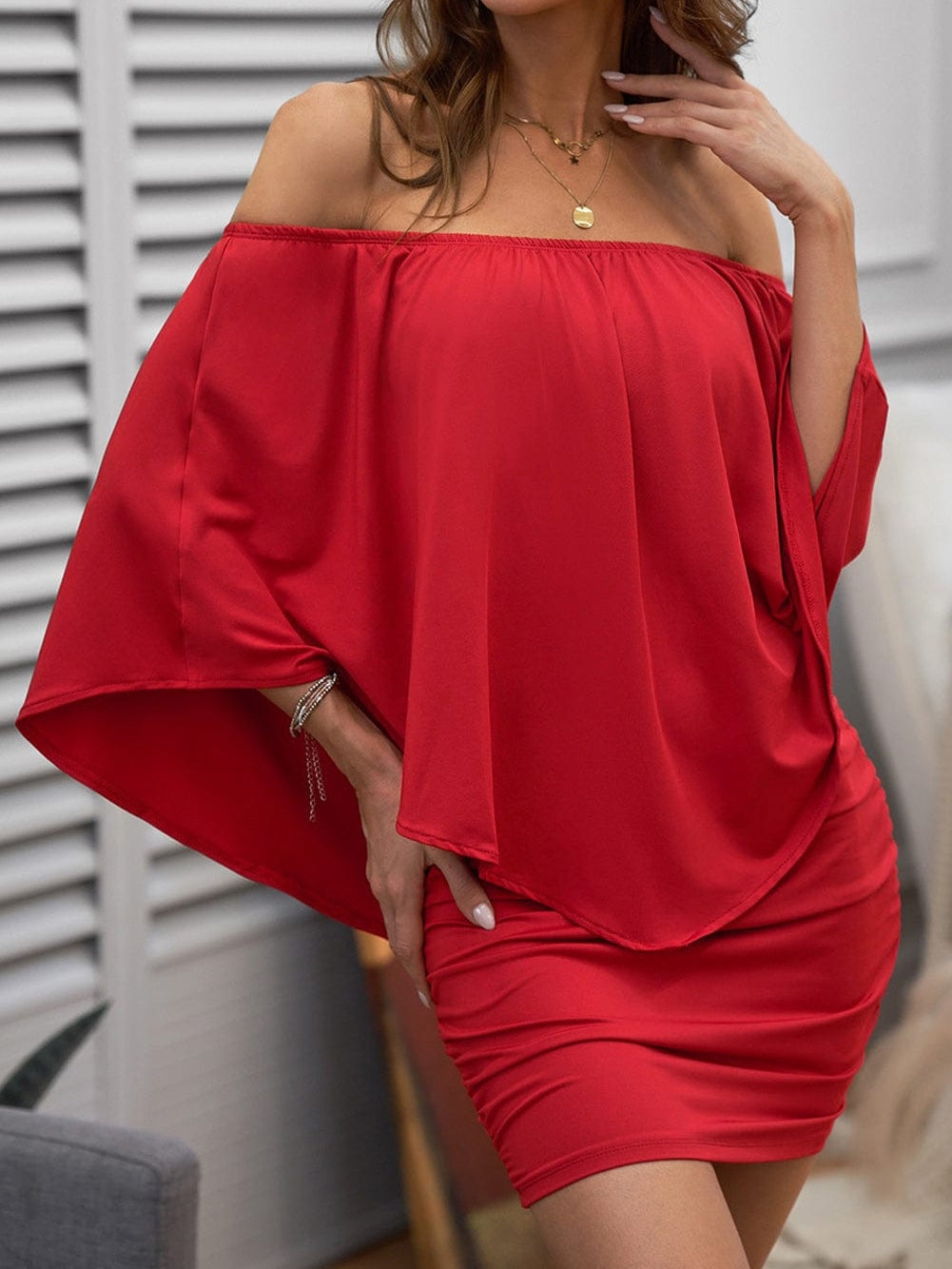 Fiery Red Layered Mini Poncho Dress with Versatile Dressing Options