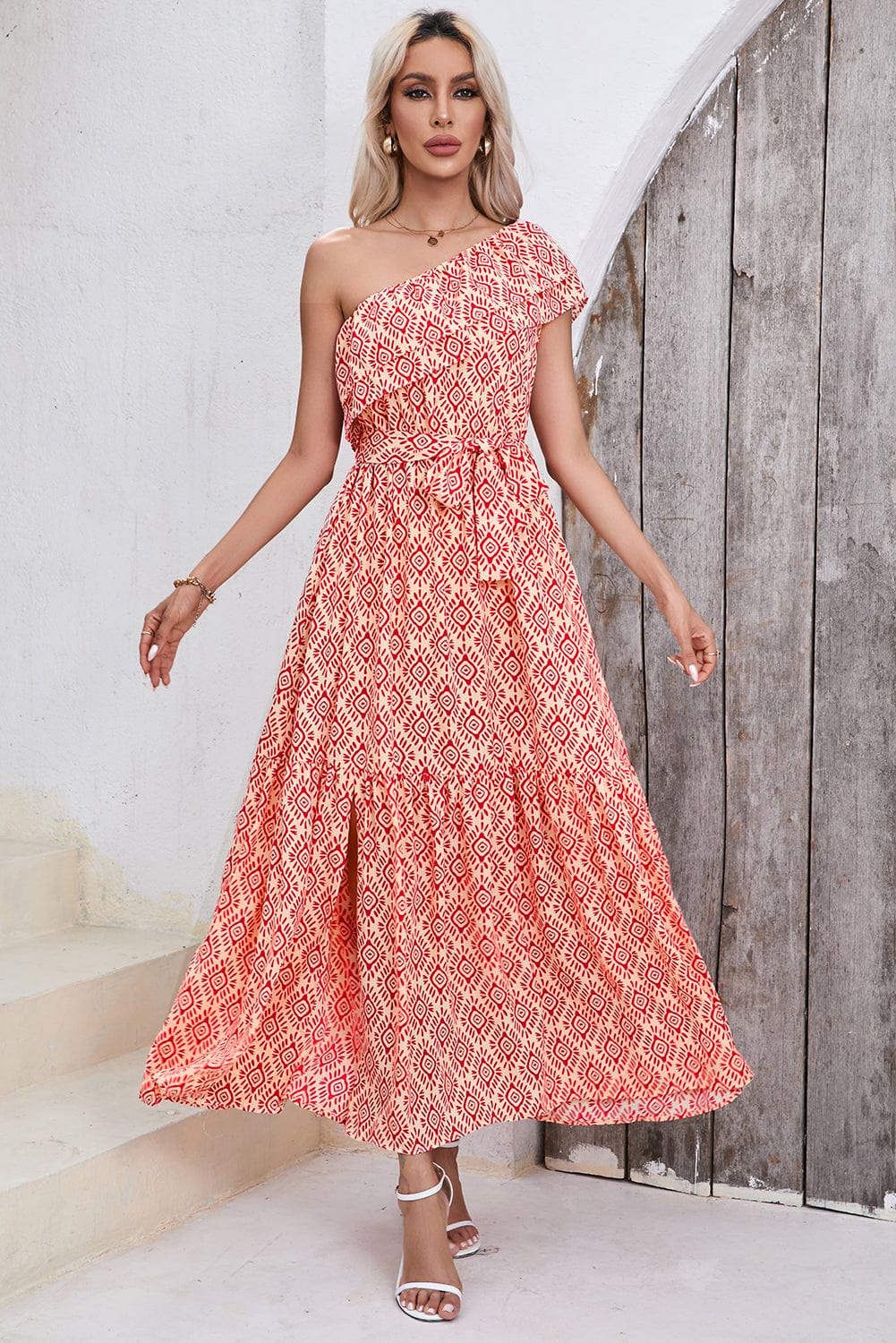 Fiery Red One Shoulder Geometric Print Maxi Dress with Side Slit