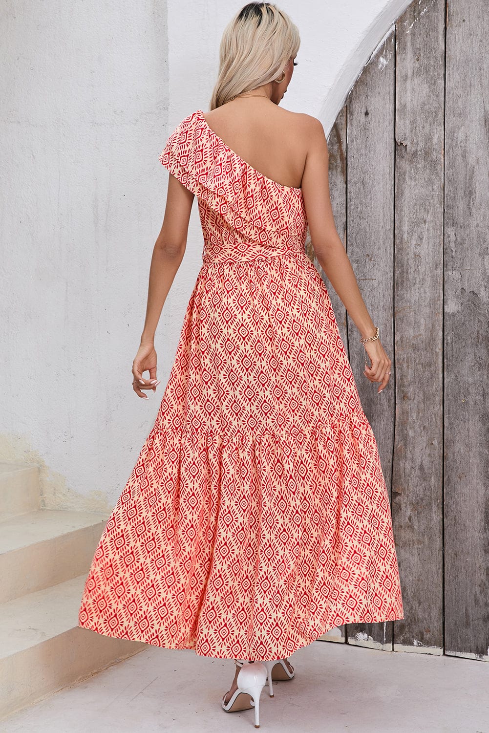 Fiery Red One Shoulder Geometric Print Maxi Dress with Side Slit