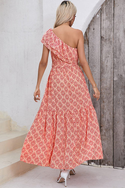 Fiery Red One Shoulder Geometric Print Maxi Dress with Side Slit