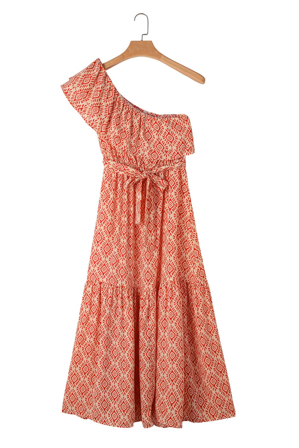 Fiery Red One Shoulder Geometric Print Maxi Dress with Side Slit