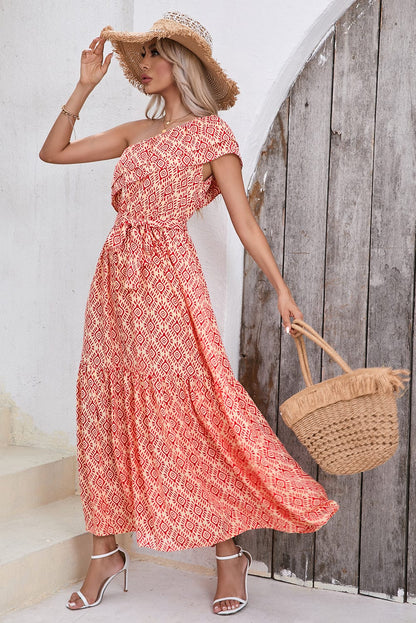Fiery Red One Shoulder Geometric Print Maxi Dress with Side Slit