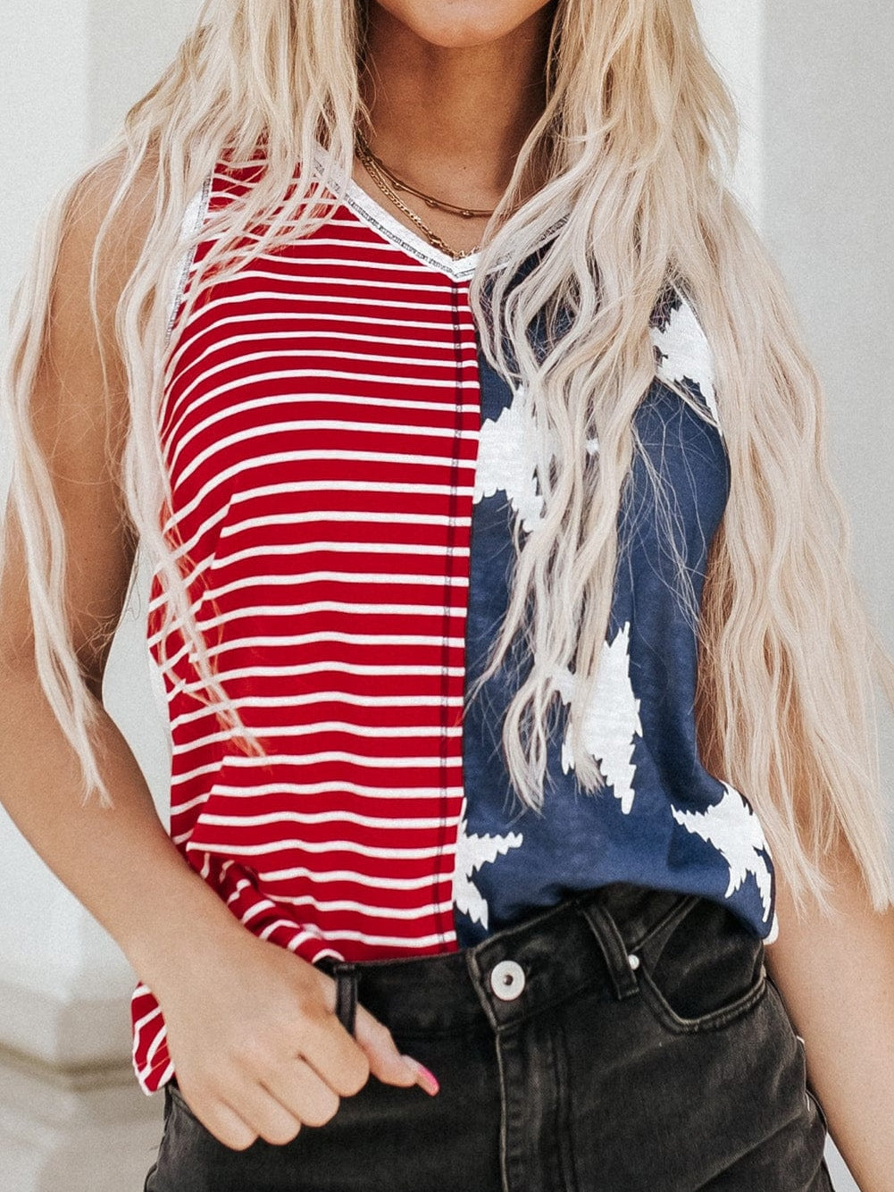 Fiery Red Patriotic Stars and Stripes Sleeveless Tank Top