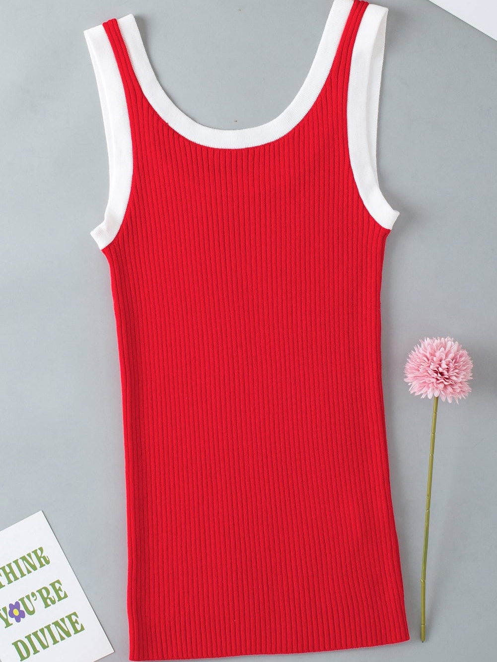 Fiery Red Ribbed Knit Tank Top with Colorblock Detail