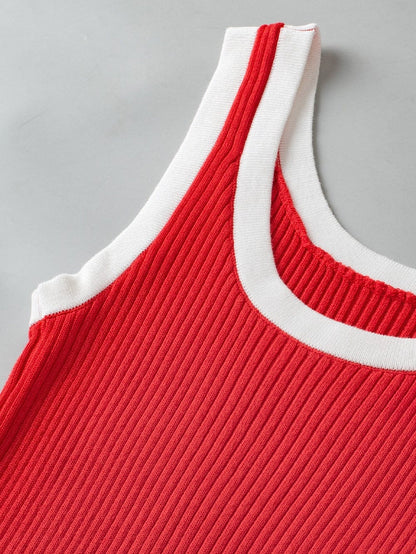 Fiery Red Ribbed Knit Tank Top with Colorblock Detail