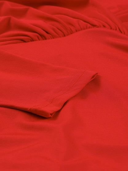 Fiery Red Ruched Sheath V Neck Bodycon Dress with Long Sleeves