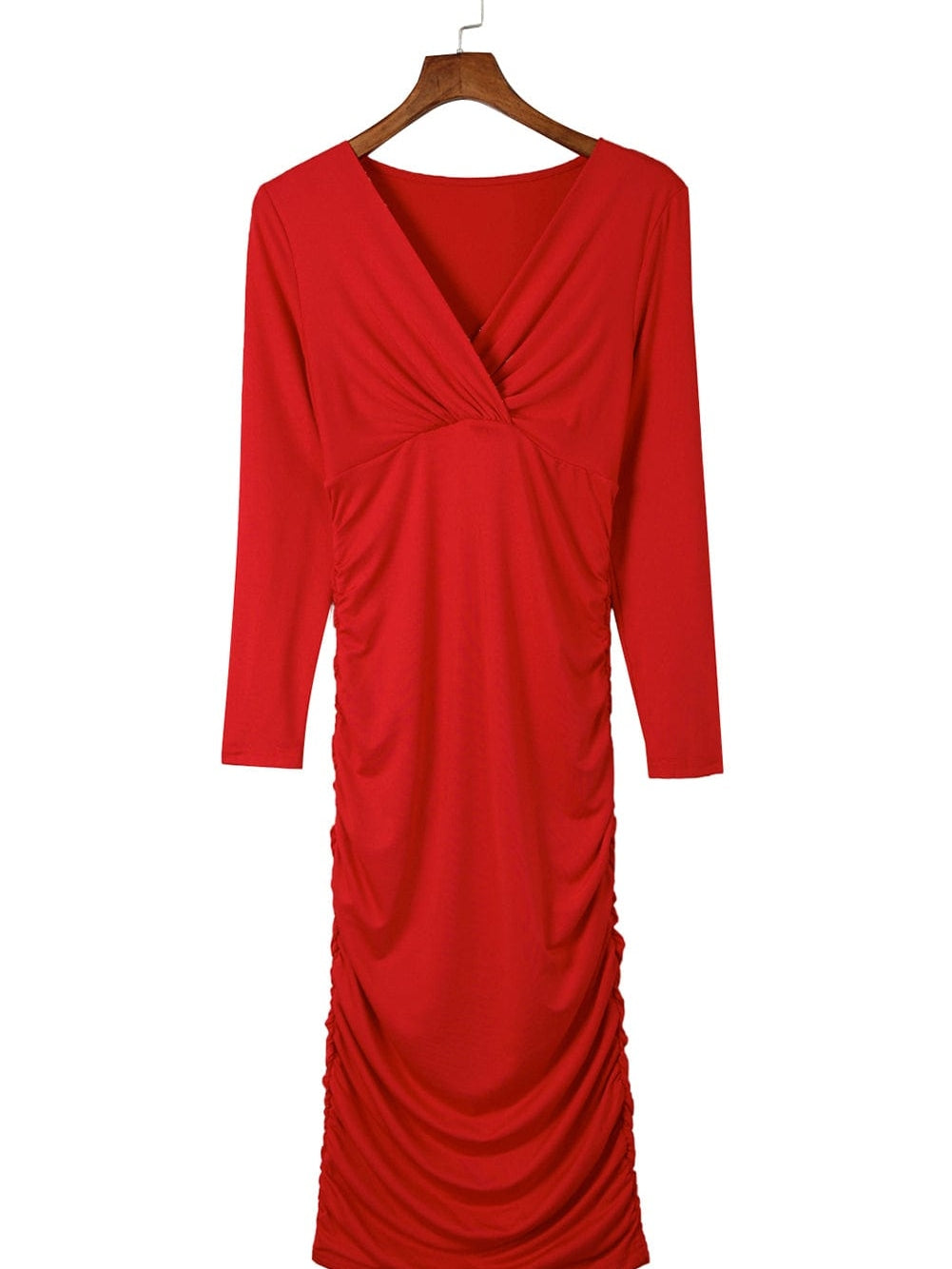 Fiery Red Ruched Sheath V Neck Bodycon Dress with Long Sleeves