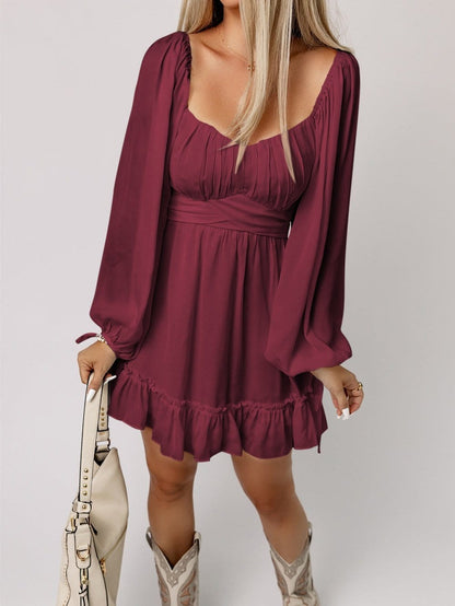 Fiery Red Ruffle Accent Square Neck Mini Dress with High Waist