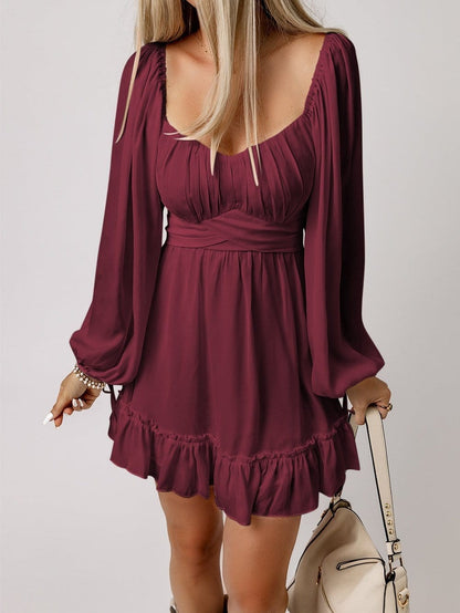 Fiery Red Ruffle Accent Square Neck Mini Dress with High Waist