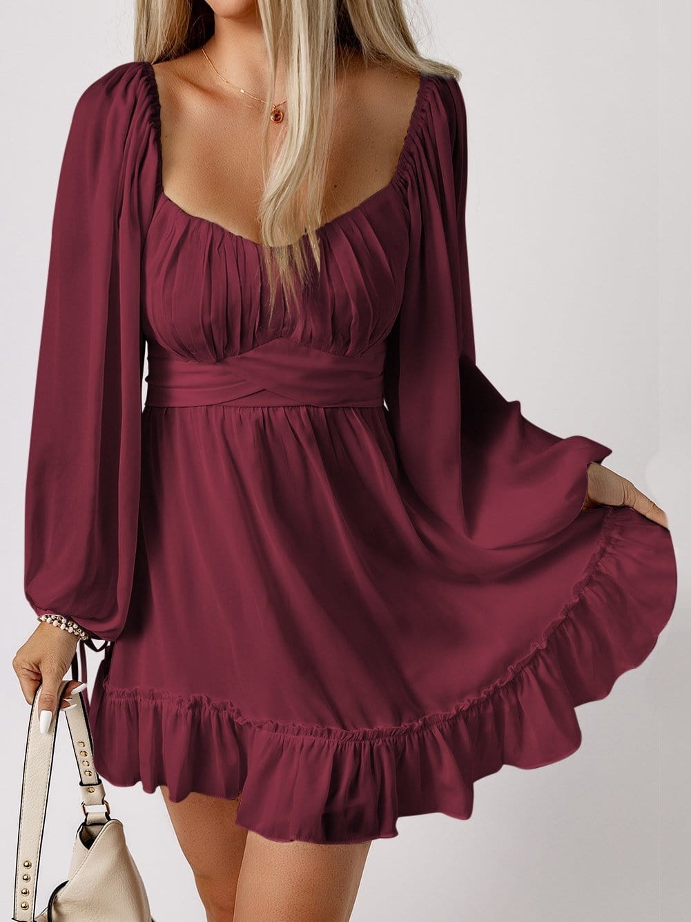 Fiery Red Ruffle Accent Square Neck Mini Dress with High Waist