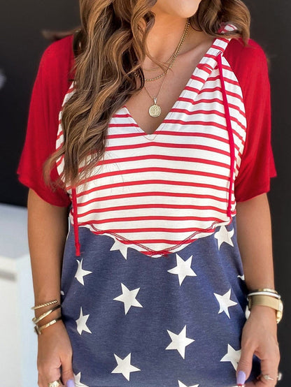 Fiery Red Stars and Stripes Hooded T-Shirt with Drawstring