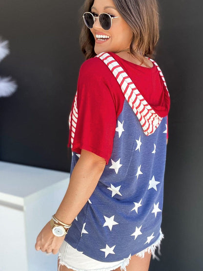 Fiery Red Stars and Stripes Hooded T-Shirt with Drawstring