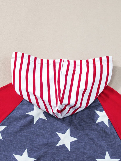 Fiery Red Stars and Stripes Hooded T-Shirt with Drawstring