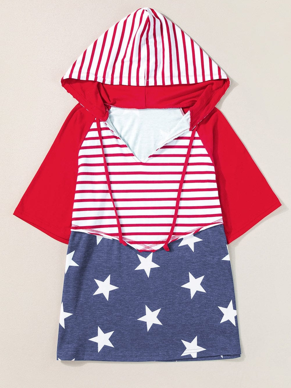 Fiery Red Stars and Stripes Hooded T-Shirt with Drawstring