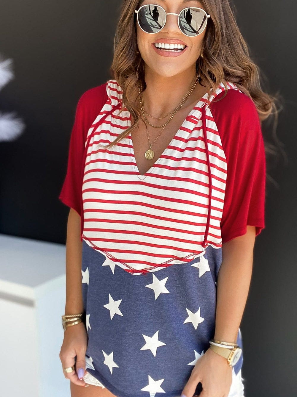 Fiery Red Stars and Stripes Hooded T-Shirt with Drawstring