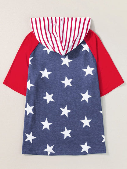 Fiery Red Stars and Stripes Hooded T-Shirt with Drawstring
