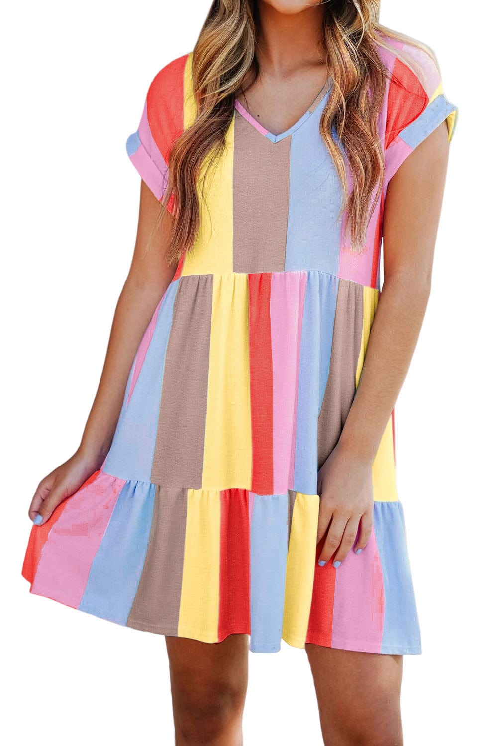 Fiery Red Striped Color Block Tiered Mini Dress with Southern Belle Style