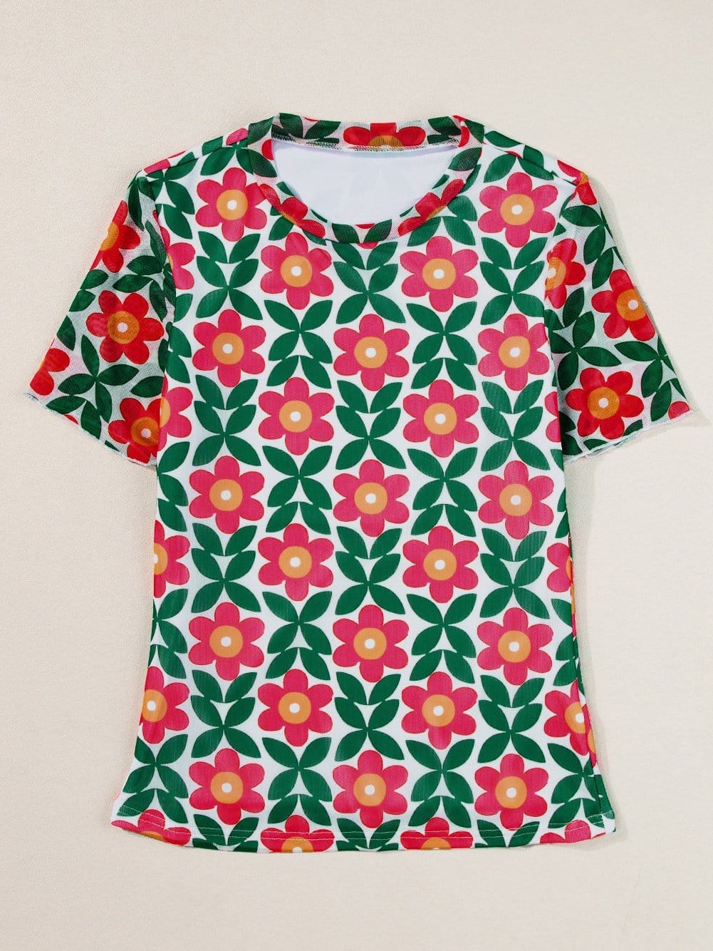 Fiery Red Vintage Floral Print Crew Neck T-Shirt