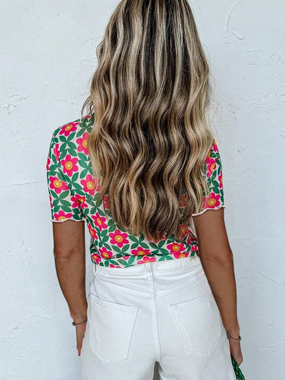 Fiery Red Vintage Floral Print Crew Neck T-Shirt