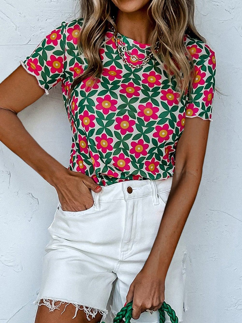 Fiery Red Vintage Floral Print Crew Neck T-Shirt