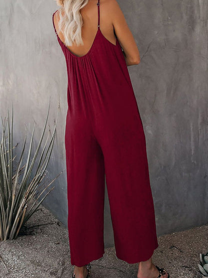 Fiery Red Wide Leg Pocketed Jumpsuit with Spaghetti Straps
