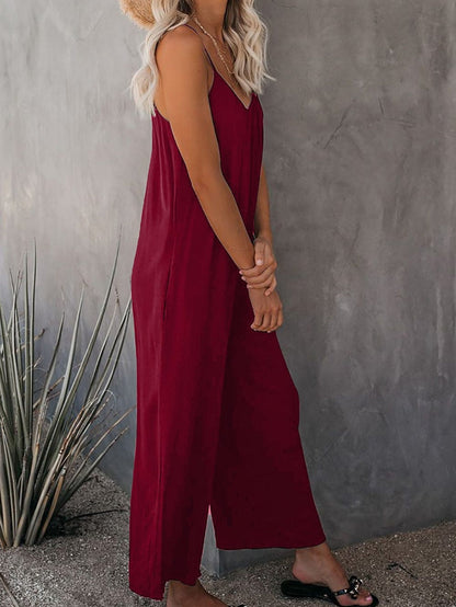 Fiery Red Wide Leg Pocketed Jumpsuit with Spaghetti Straps