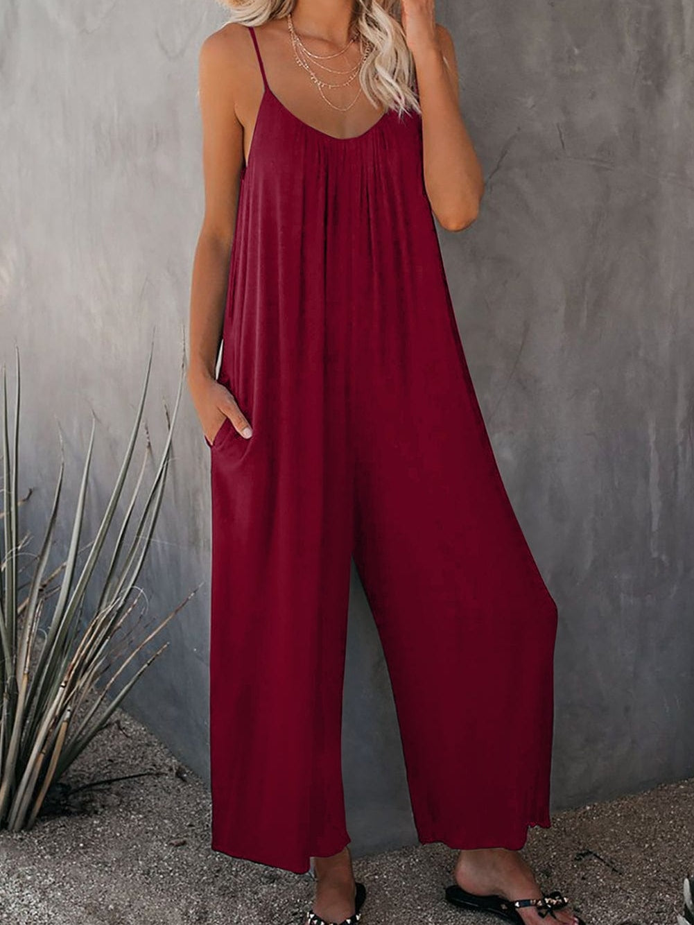 Fiery Red Wide Leg Pocketed Jumpsuit with Spaghetti Straps