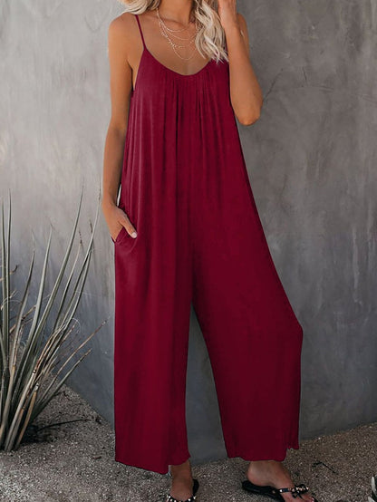 Fiery Red Wide Leg Pocketed Jumpsuit with Spaghetti Straps