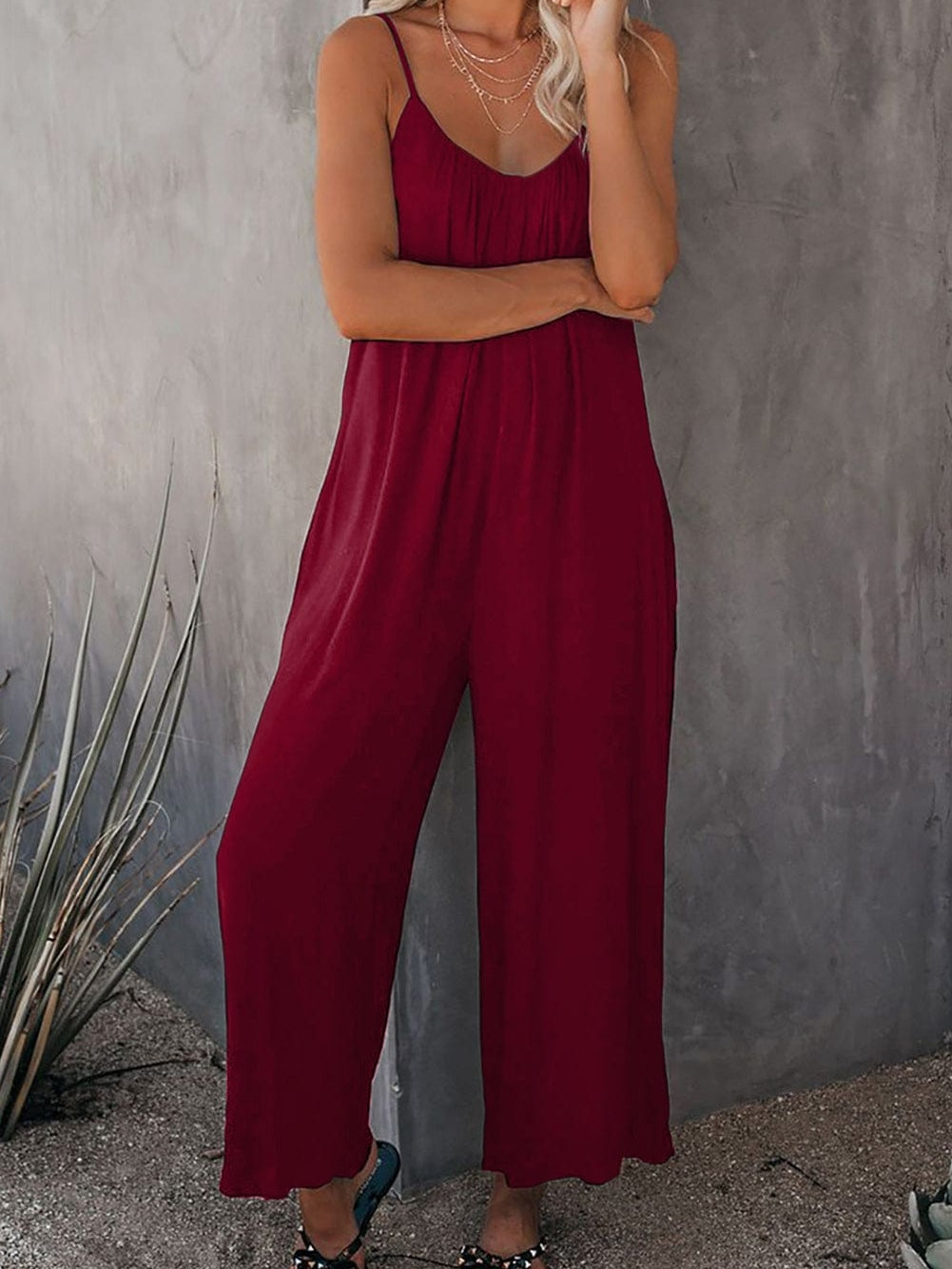 Fiery Red Wide Leg Pocketed Jumpsuit with Spaghetti Straps