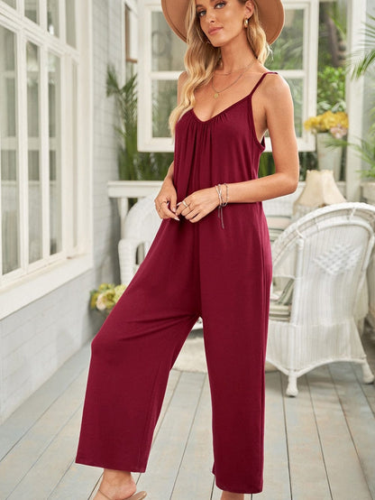 Fiery Red Wide Leg Pocketed Jumpsuit with Spaghetti Straps