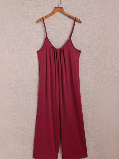 Fiery Red Wide Leg Pocketed Jumpsuit with Spaghetti Straps