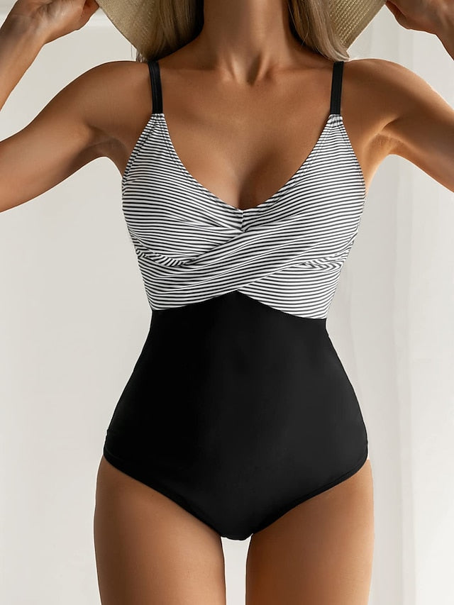 Fashion Polka Dots Swimsuits Women Modest One Piece Swimsuits Padded Push Up Ladies Stripes Backless Swimwear Vintage Bathing Suits Retro Camisole Beach Wear S-XXL - LuckyFash™
