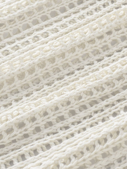 Fishnet Mesh Detail Ribbed Round Neck Short Sleeve Sweater Top