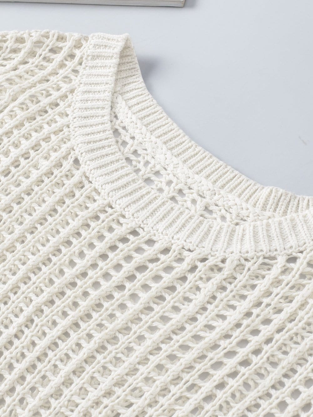 Fishnet Mesh Detail Ribbed Round Neck Short Sleeve Sweater Top