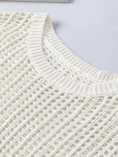 Fishnet Mesh Detail Ribbed Round Neck Short Sleeve Sweater Top