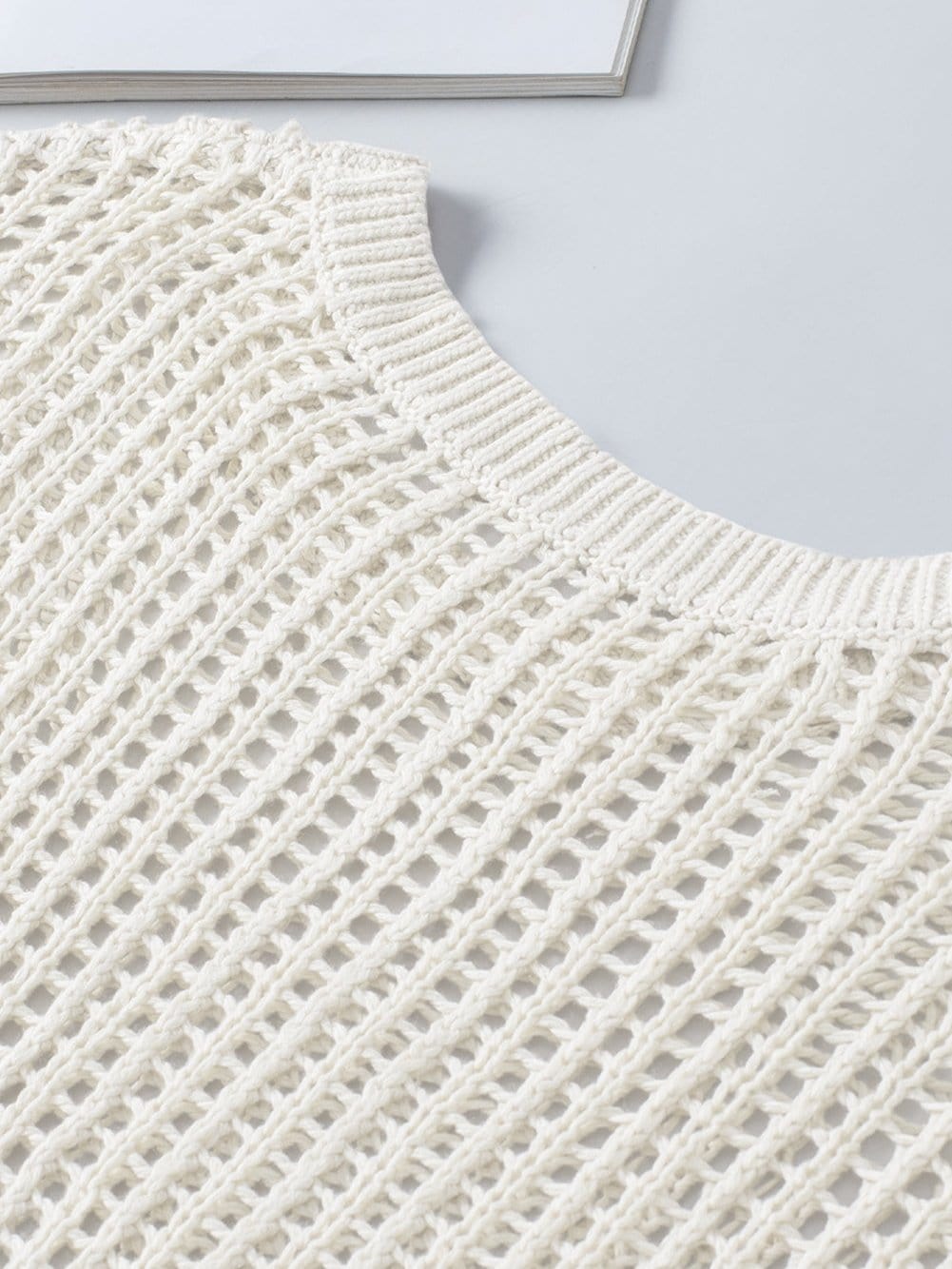 Fishnet Mesh Detail Ribbed Round Neck Short Sleeve Sweater Top