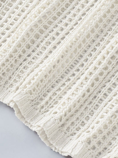 Fishnet Mesh Detail Ribbed Round Neck Short Sleeve Sweater Top