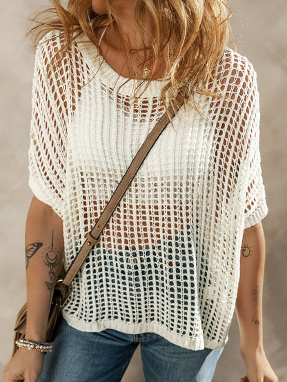 Fishnet Mesh Detail Ribbed Round Neck Short Sleeve Sweater Top