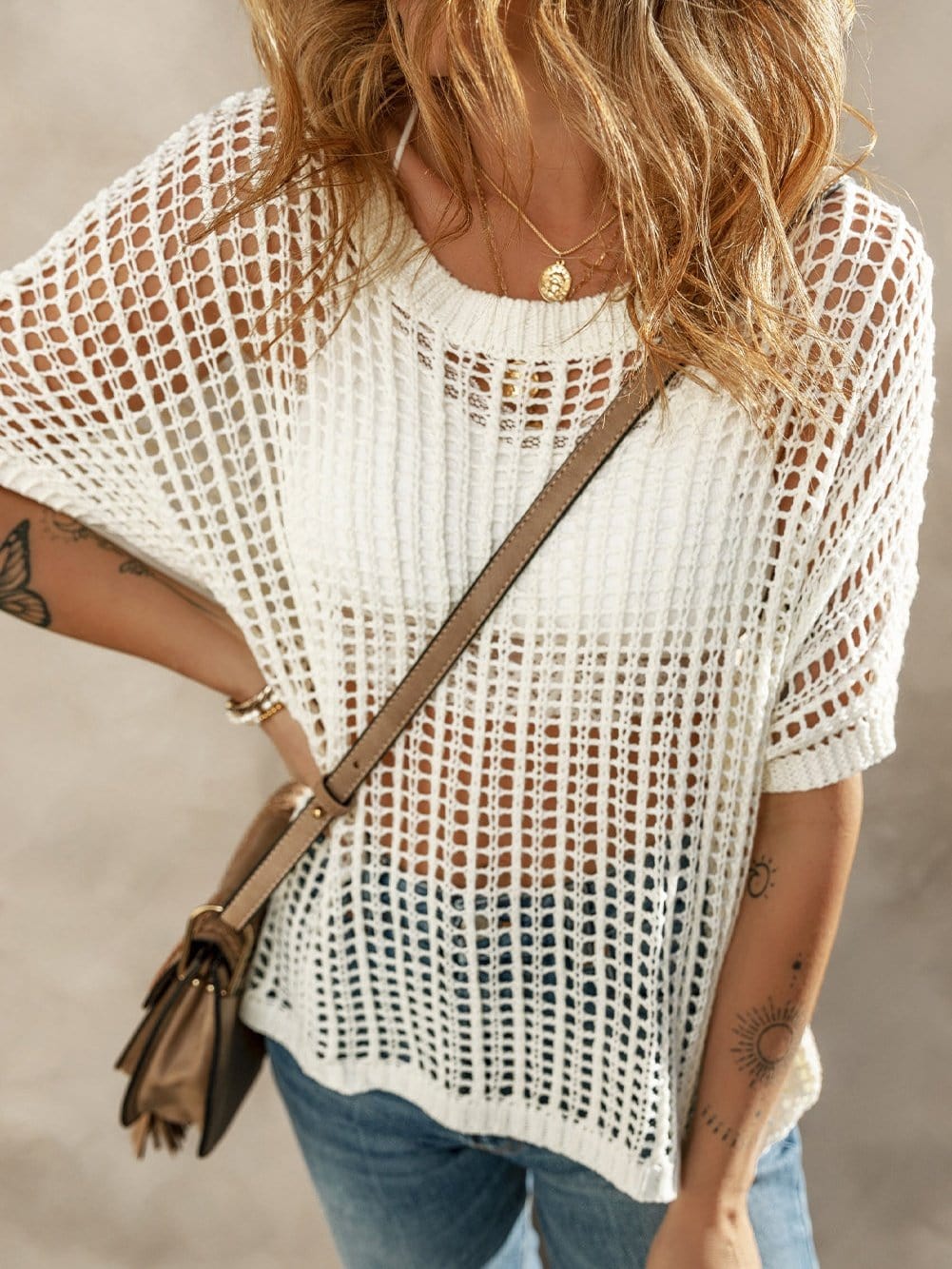 Fishnet Mesh Detail Ribbed Round Neck Short Sleeve Sweater Top