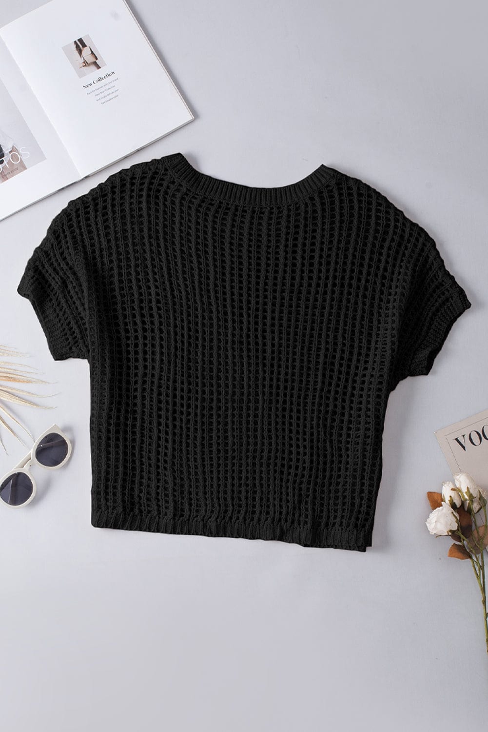 Fishnet Mesh Insert Black Short Sleeve Sweater Top