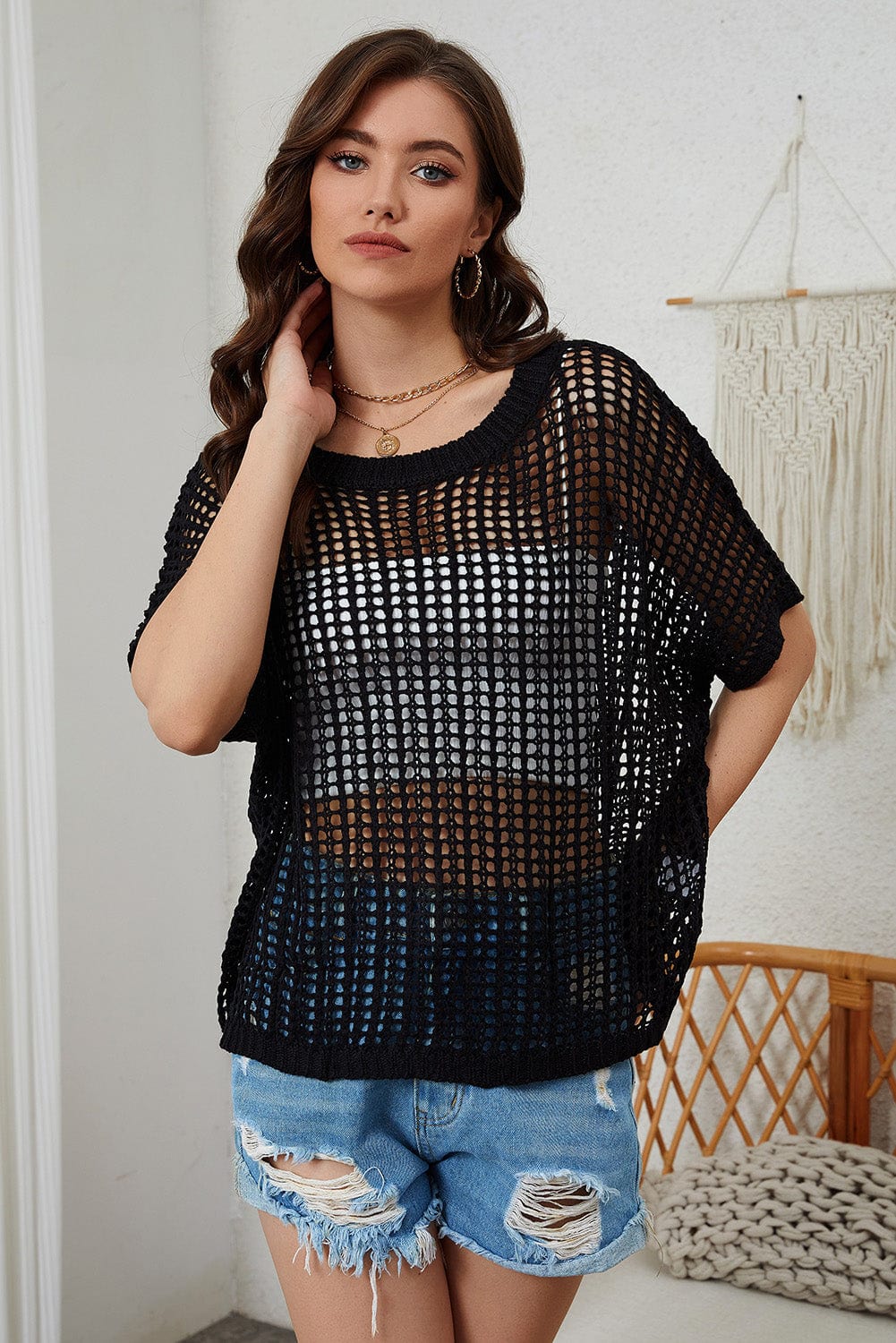 Fishnet Mesh Insert Black Short Sleeve Sweater Top