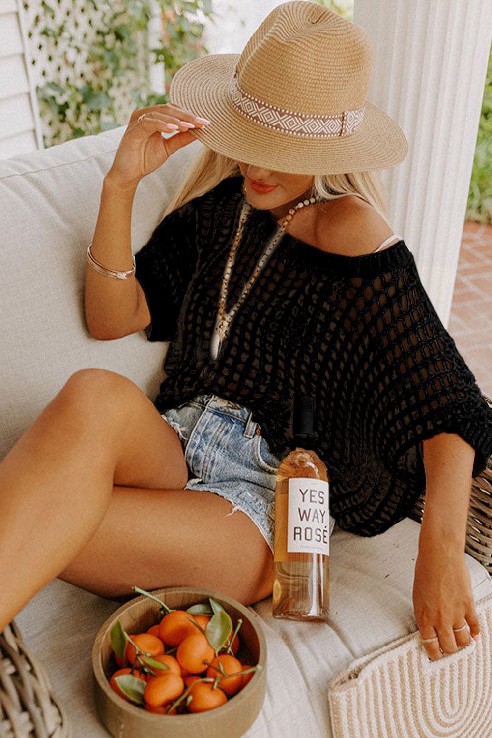 Fishnet Mesh Insert Black Short Sleeve Sweater Top