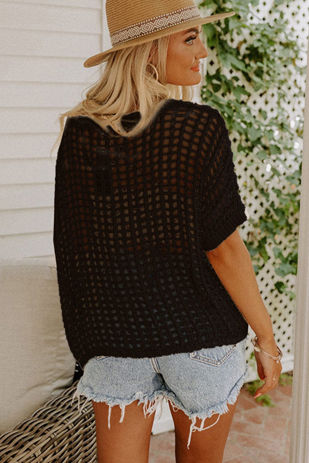 Fishnet Mesh Insert Black Short Sleeve Sweater Top