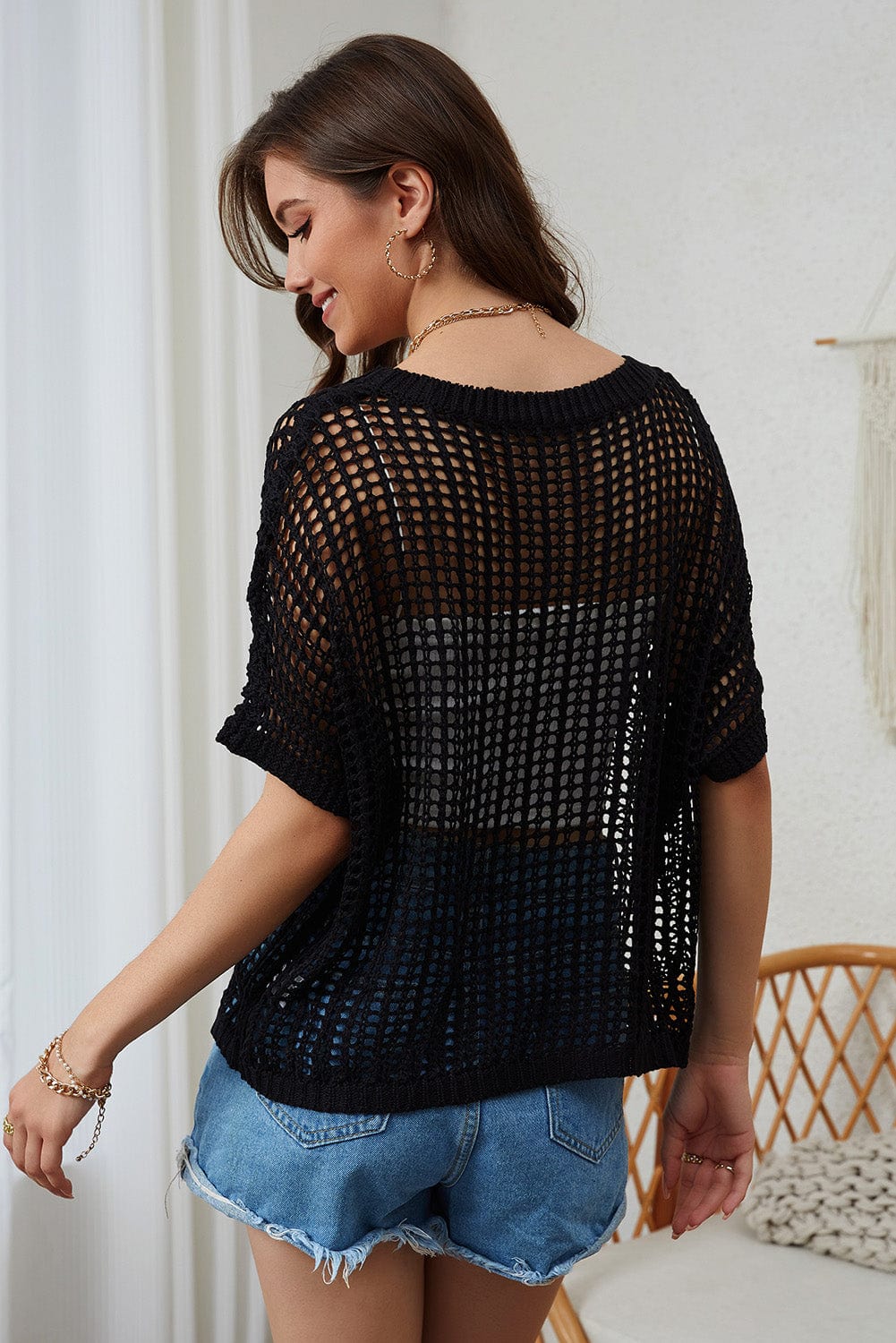 Fishnet Mesh Insert Black Short Sleeve Sweater Top