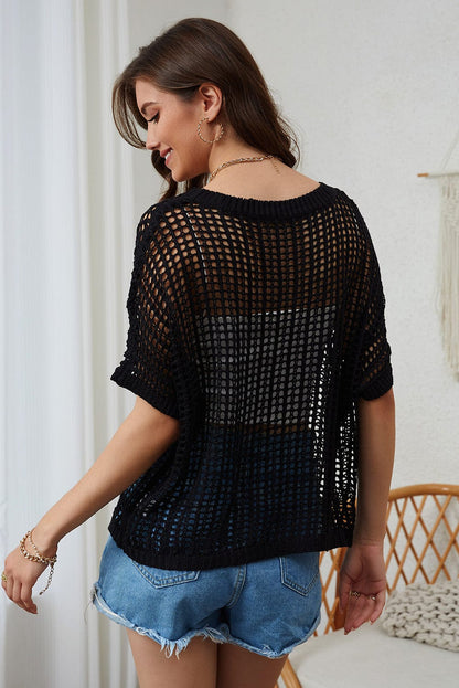 Fishnet Mesh Insert Black Short Sleeve Sweater Top