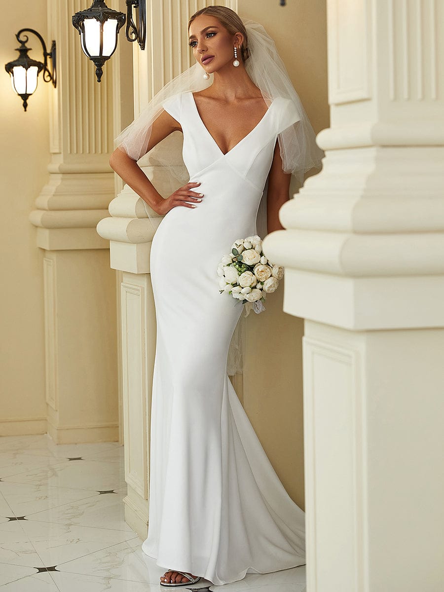 Fishtail Wedding Gown with V-Neck and Sleeves