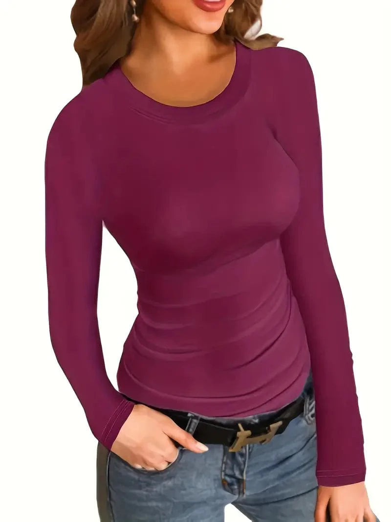 Fitted Crew Neck Top with Long Sleeves and Ribbed Texture