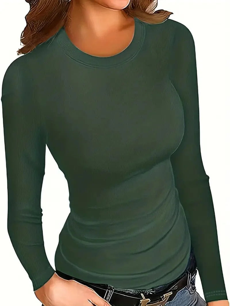 Fitted Crew Neck Top with Long Sleeves and Ribbed Texture