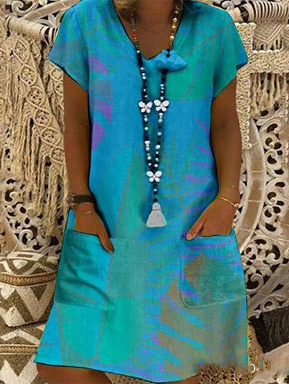 Women's Dress - Casual Dress Midi Dress Light Blue Pink Short Sleeve Print Pocket Spring Summer V Neck Casual Weekend Loose Fit 2023 S M L XL XXL XXXL 4XL 5XL